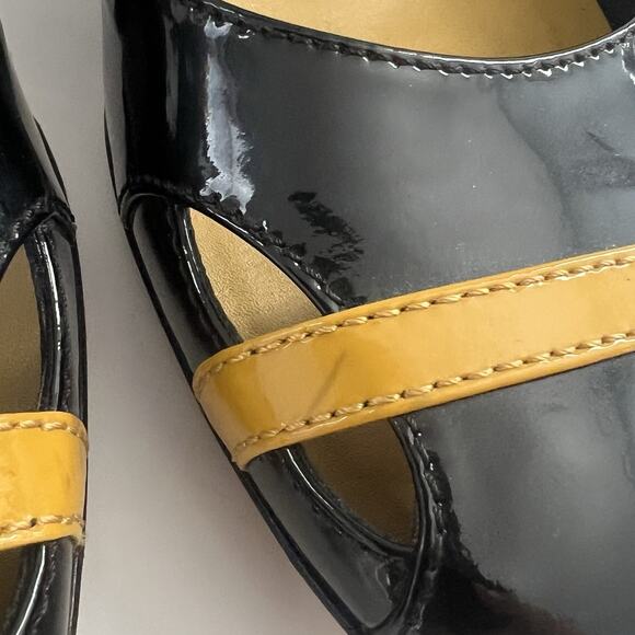 Tod's Women Black Yellow Band Patent Leather Square Toe Cut Out Heels 36 / 6 - Picture 3 of 13